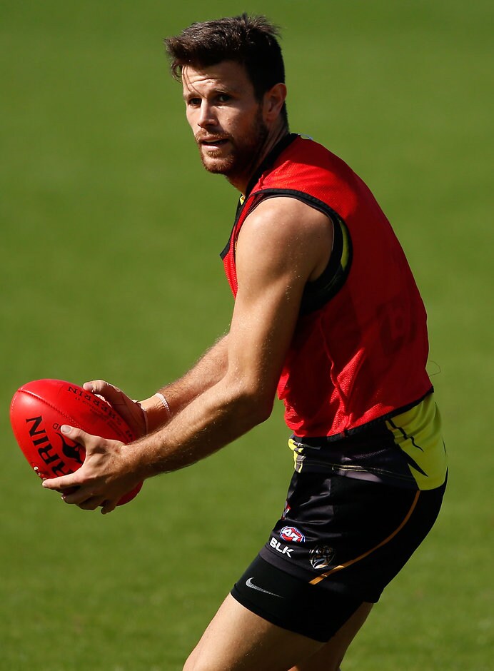 AFL 2016 Training - Richmond 070416 MELBOURNE, AUSTRALIA - APRIL 7: Trent Cotchin of the Tigers in action during the Richmond Tigers training session at Punt Road Oval in Melbourne, Australia on April 7, 2016. (Photo by Adam Trafford/AFL Media)